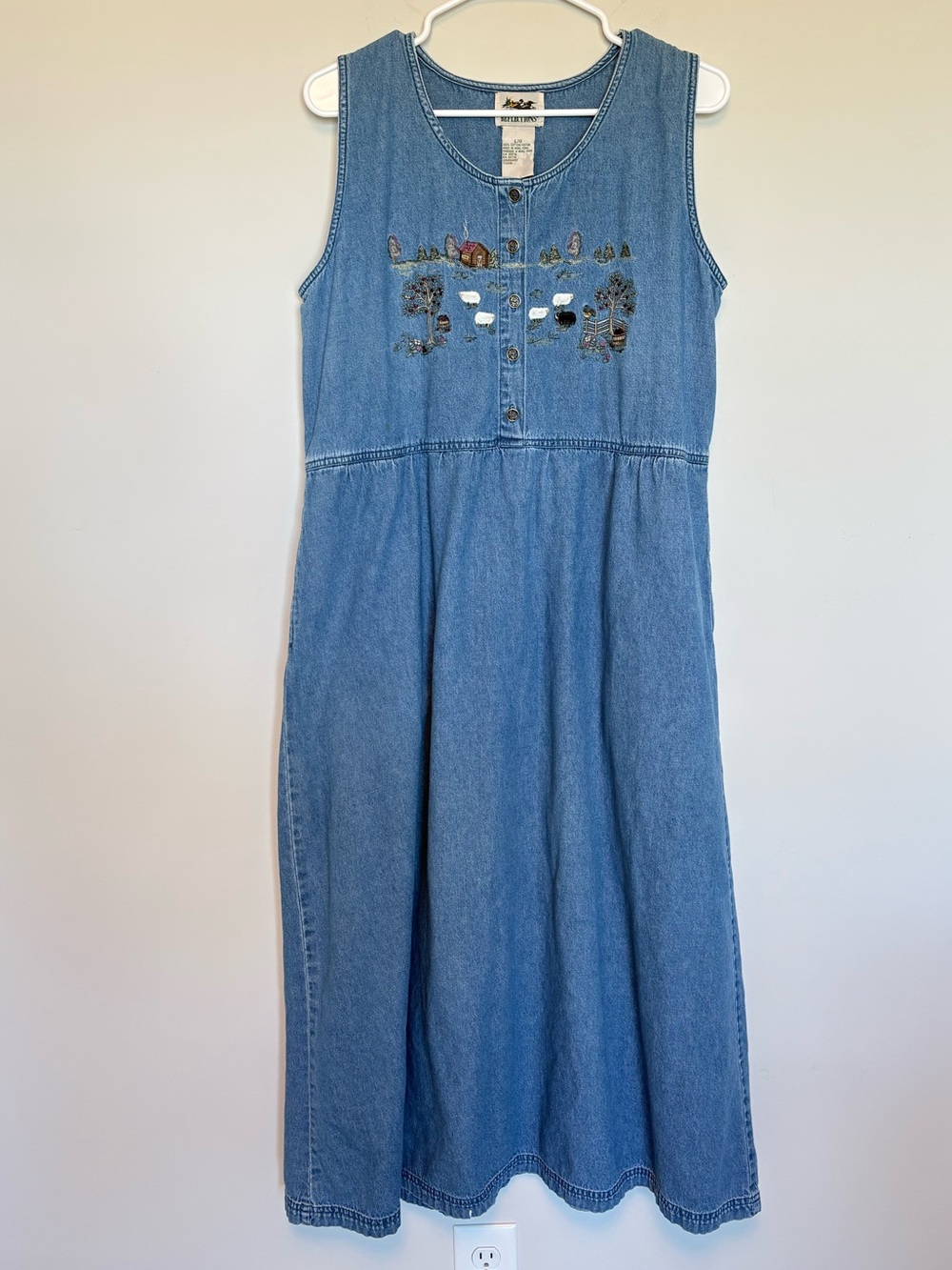 Vintage Reflections Embroidered Denim Midi Dress Button Front Sleeveless Size L